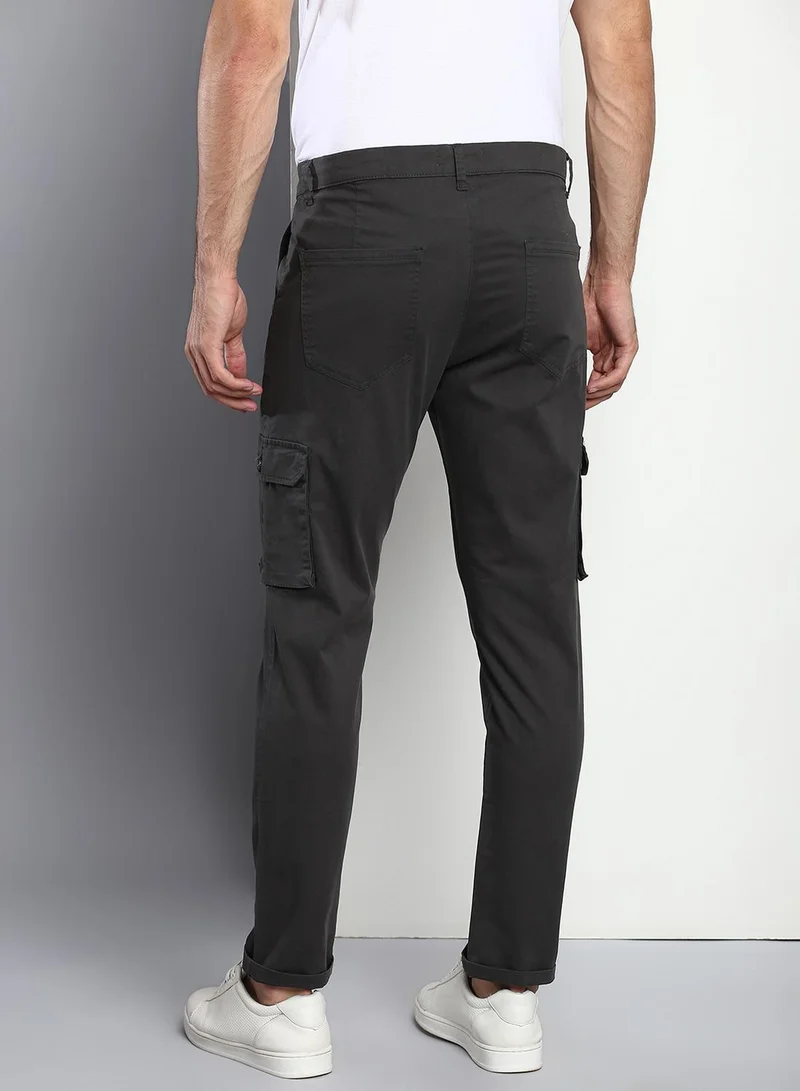 Dennis Lingo  Men's Charcoal Grey Tapered Fit Cotton Trousers - Solid Pattern, Full-Length for Men | Best Price UAE