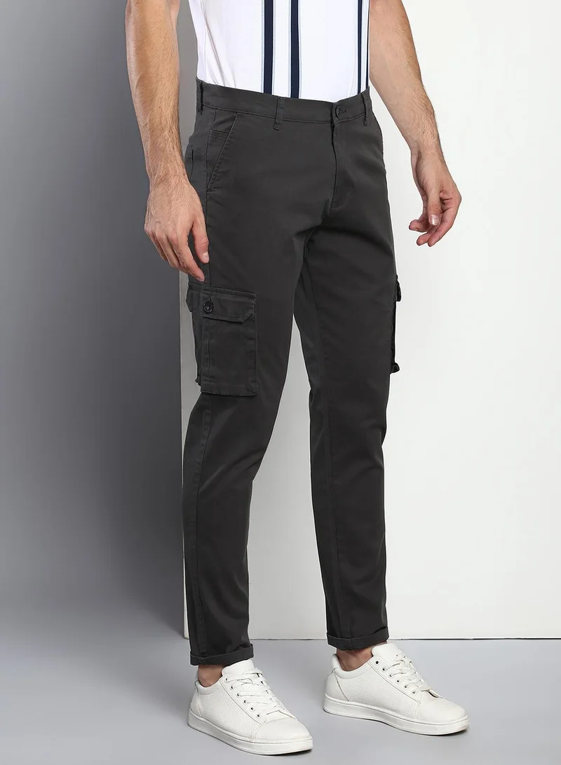 Dennis Lingo  Men's Charcoal Grey Tapered Fit Cotton Trousers - Solid Pattern, Full-Length for Men | Best Price UAE