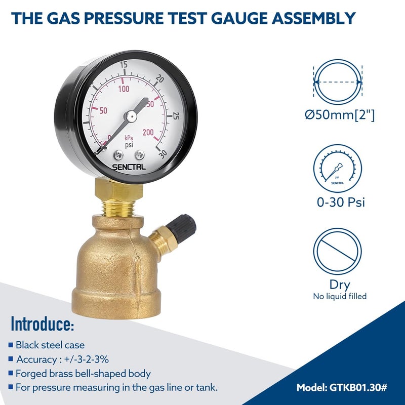 SENCTRL 0-30 Psi Gas Pressure Test Gauge, 2" Dial Size, 3/4" FNPT Connection, Brass Valve, Forged Brass Bell Shape Body Assembly - Image 2
