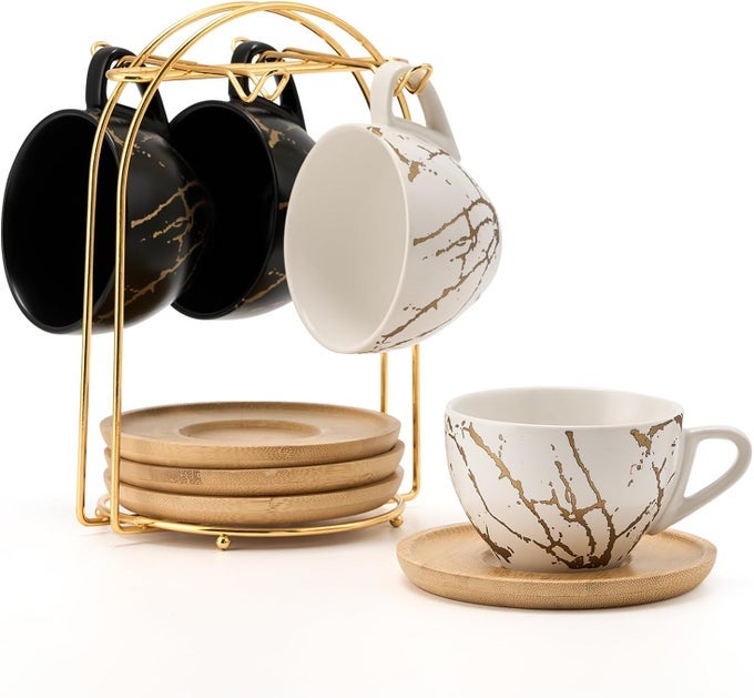 CERAMIC DEMITASSE ESPRESSO CUPS SET WITH SAUCERS AND METAL STAND 8 OZ PORCELAIN STACKABLE CAPPUCCINO CUPS TEACUP FOR TEA ESPRESSO LATTE COFFEE CAFE MOCHA SET OF 4 WHITE BLACK