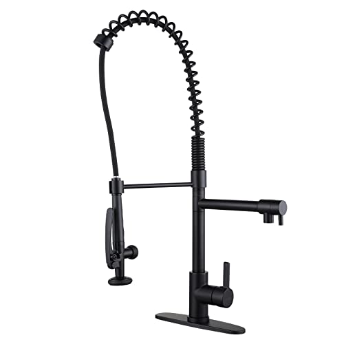 WOWOW Commercial Kitchen Faucet with PreRinse Sprayer 28Inch Height Solid Brass Kitchen Sink Faucet 1 or 3 Hole Deck Mount Matte Black Spring Kitchen Faucet with Dual Swing Spout - Image 1
