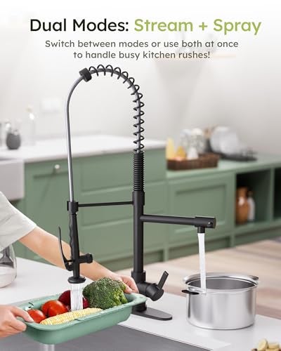 WOWOW Commercial Kitchen Faucet with PreRinse Sprayer 28Inch Height Solid Brass Kitchen Sink Faucet 1 or 3 Hole Deck Mount Matte Black Spring Kitchen Faucet with Dual Swing Spout - Image 3