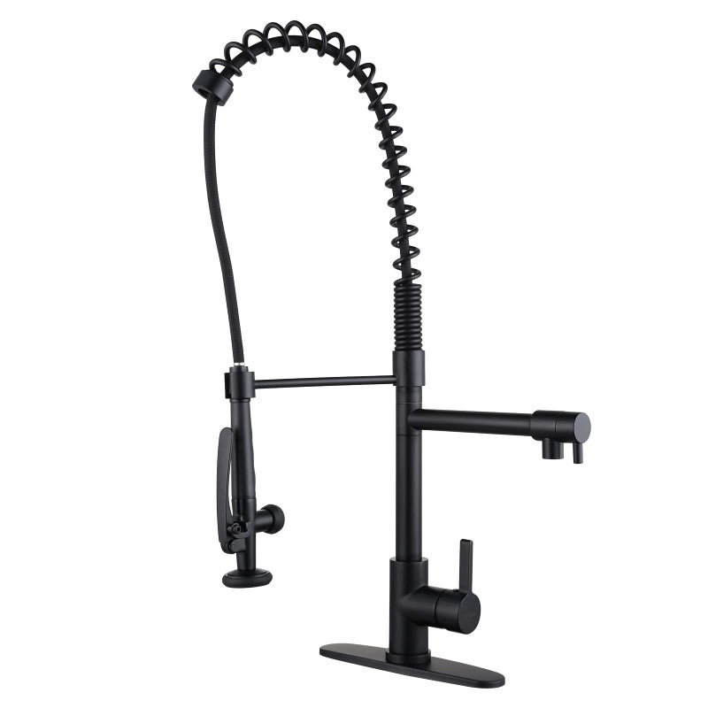 WOWOW Commercial Kitchen Faucet with PreRinse Sprayer 28Inch Height Solid Brass Kitchen Sink Faucet 1 or 3 Hole Deck Mount Matte Black Spring Kitchen Faucet with Dual Swing Spout - Image 2