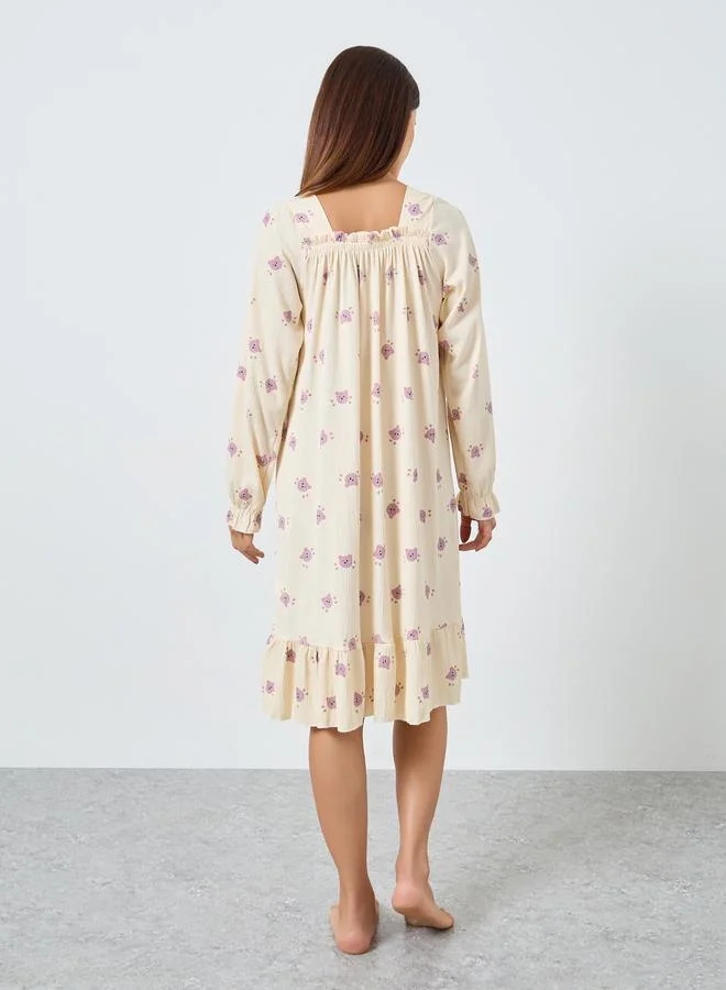 Styli Styli Bear Print Square Neck Nightdress with Bow Detail