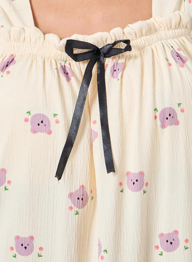 Styli Styli Bear Print Square Neck Nightdress with Bow Detail