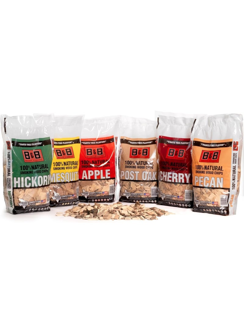 Smoky Crafts BBQ Wood Chips for Smoker Variety Pack (6 Flavors) Apple, Mesquite, Hickory, Cherry, Pecan, Post Oak Wood Chips for Smoking, Grilling & Camping, 180 Cu. in Per Bag - Made in USA  - Image 1