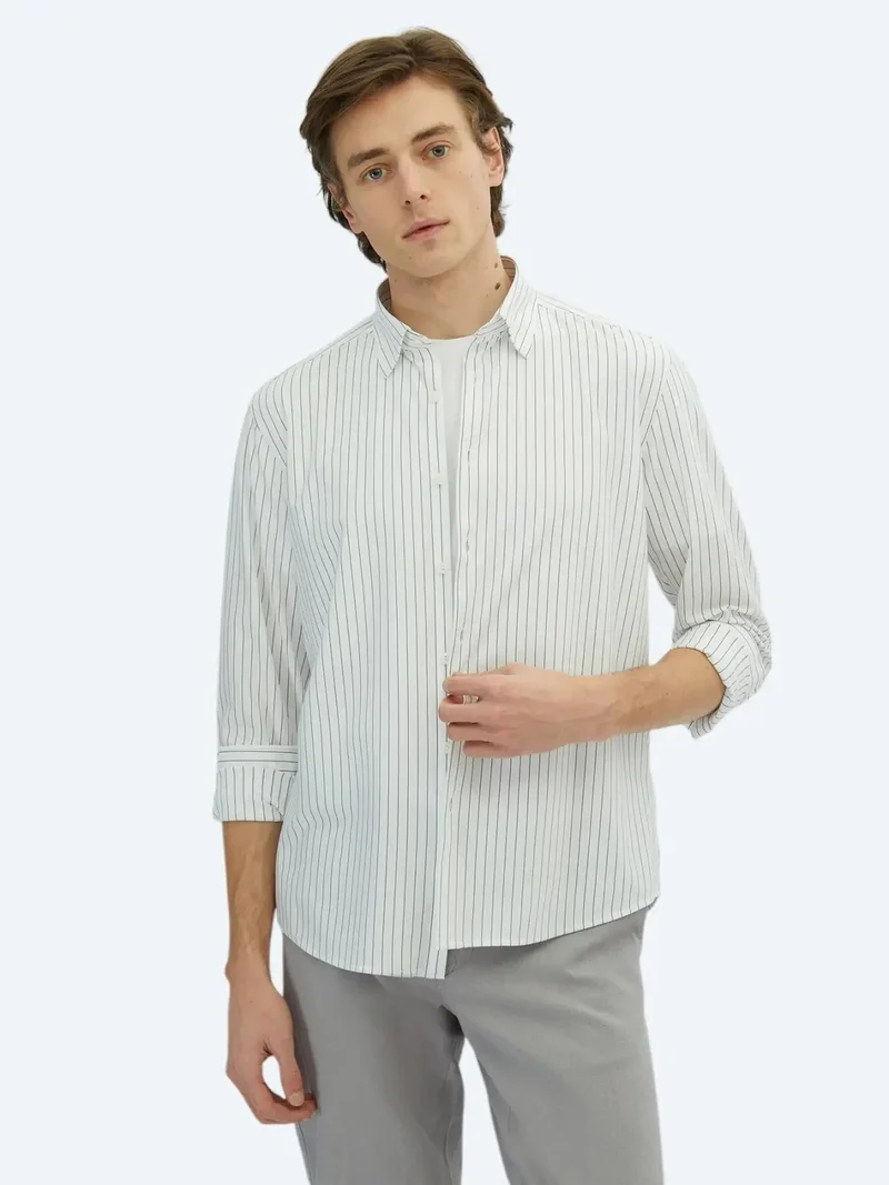Kip Grey Striped Regular Fit Knitting Casual Cotton Blended Shirt
