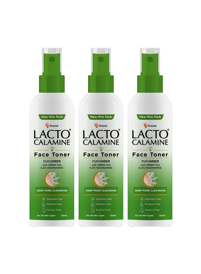لاكتو كلامين تونر الوجه بالخيار | 120 مل لكل عبوة - 3 عبوات | تنظيف عميق للمسام | شد المسام المفتوحة بالشاي الأخضر و2% من النياسيناميد للحصول على بشرة باردة ومرطبة | خالٍ من الكبريتات والكحول والبارابين - Image 1
