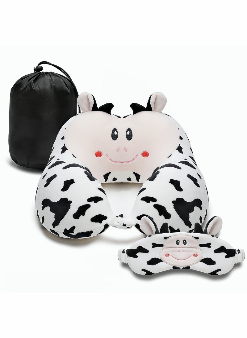 KASTWAVE Travel Pillow for Kids and Adults Cute Animal Memory Foam Neck Pillow with Soft Fleece Cover and Eye Mask Set Airplane Pillow Travel Kit with Drawstring Organizer Bag Machine Washable (Cow) - Image 1