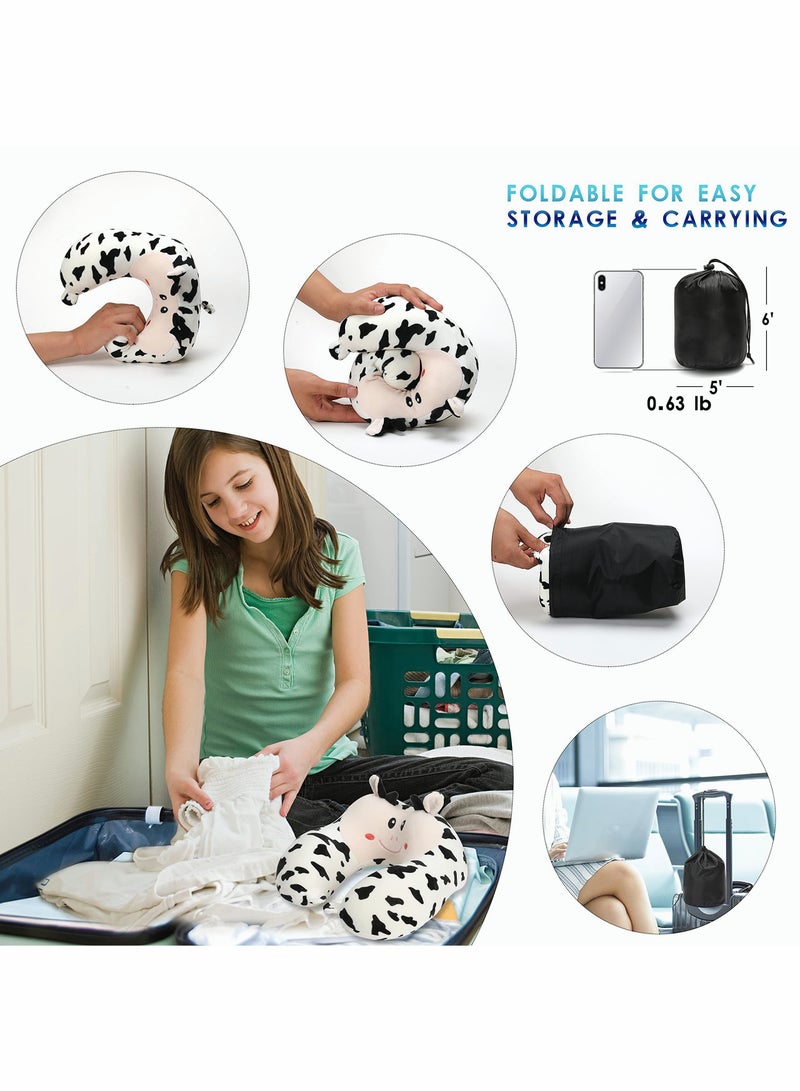 KASTWAVE Travel Pillow for Kids and Adults Cute Animal Memory Foam Neck Pillow with Soft Fleece Cover and Eye Mask Set Airplane Pillow Travel Kit with Drawstring Organizer Bag Machine Washable (Cow) - Image 5