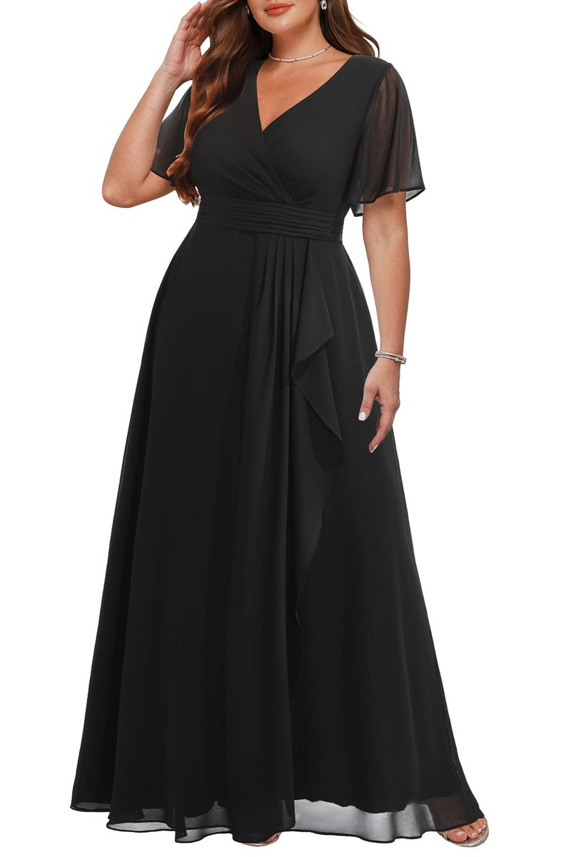 Talisea Plus Size Formal Dresses Black Wedding Guest Evening Prom Gowns Gala Chiffon Short Sleeves A Line Long Dress Curvy Women - Image 1