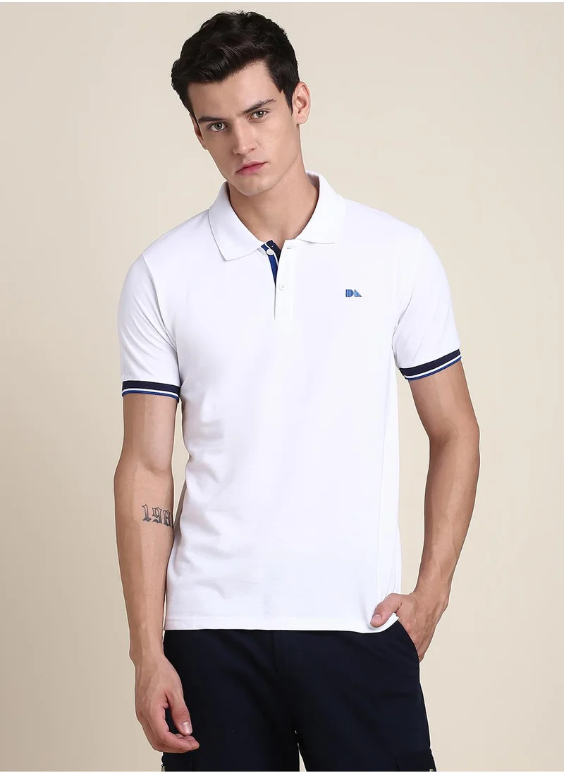 Dennis Lingo White Solid Regular Fit Polo Neck T-shirt for Men - 100% Cotton, Half Sleeves, Casual,