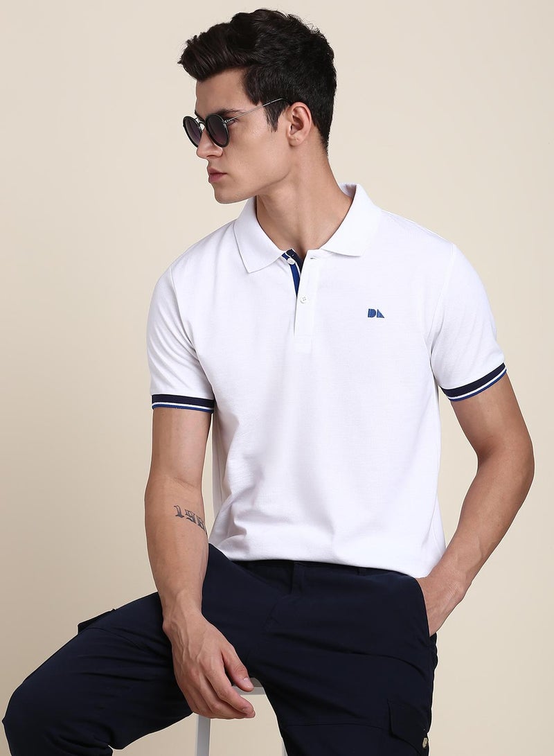 Dennis Lingo White Solid Regular Fit Polo Neck T-shirt for Men - 100% Cotton, Half Sleeves, Casual,  - Image 2