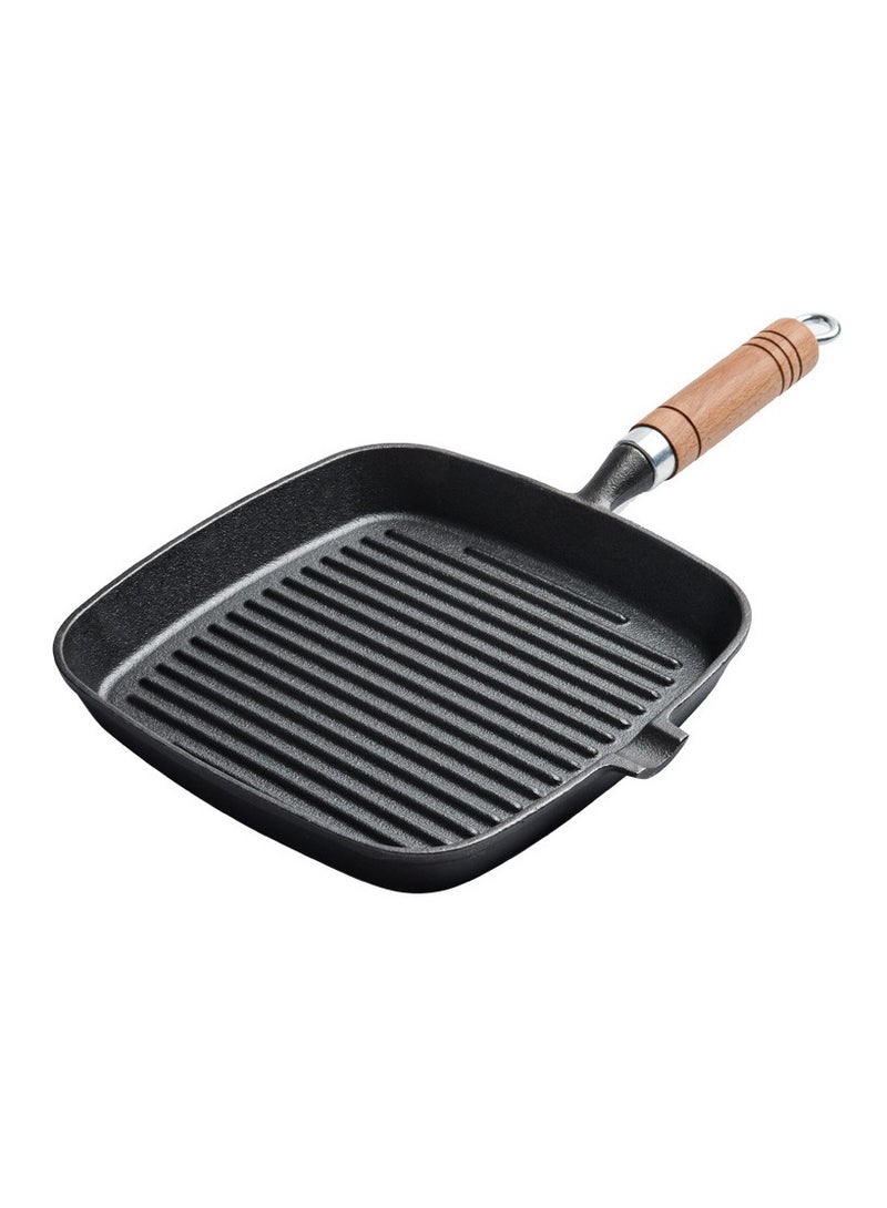 Cast Iron Square Grill Pan, Non-Stick Steak Skillet with Wooden Handle and Oil Pouring Spout, Pre-Seasoned Square Induction Skillet Electric Gas Stove Grill Skillet. - Image 1