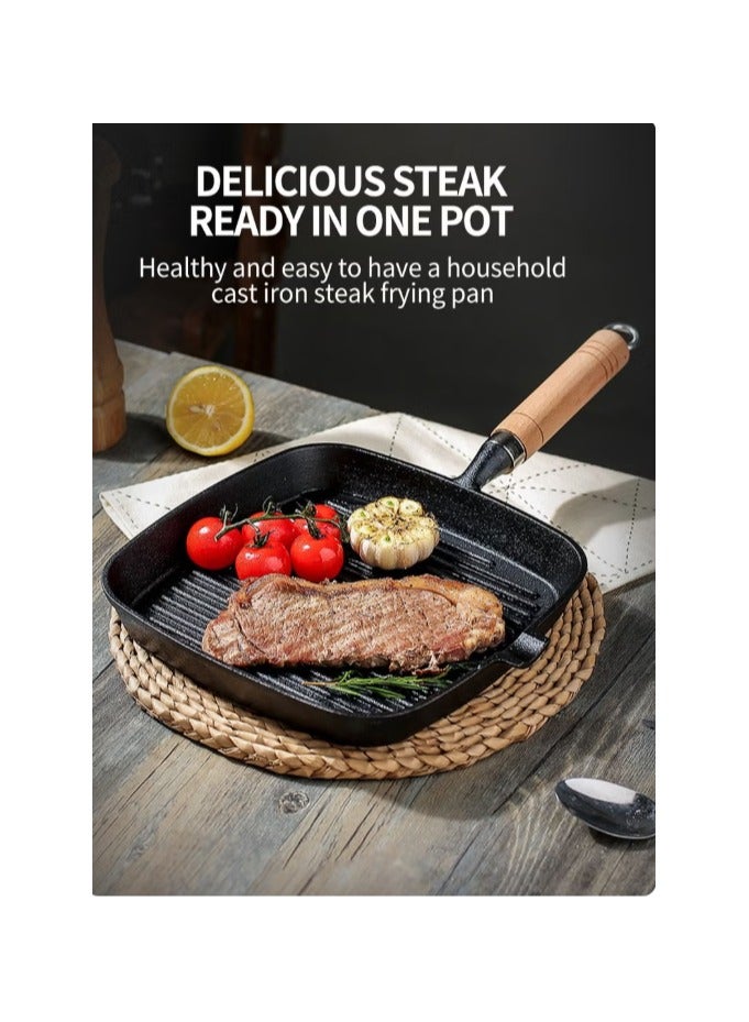 Cast Iron Square Grill Pan, Non-Stick Steak Skillet with Wooden Handle and Oil Pouring Spout, Pre-Seasoned Square Induction Skillet Electric Gas Stove Grill Skillet. - Image 2