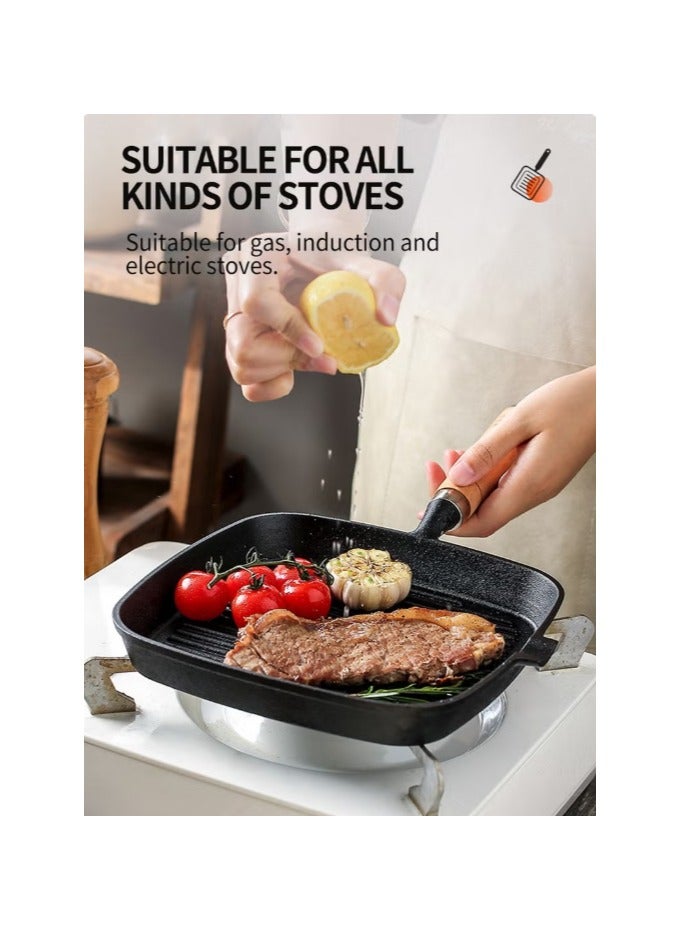 Cast Iron Square Grill Pan, Non-Stick Steak Skillet with Wooden Handle and Oil Pouring Spout, Pre-Seasoned Square Induction Skillet Electric Gas Stove Grill Skillet. - Image 3