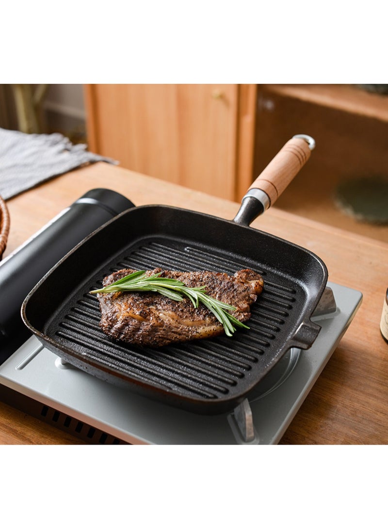 Cast Iron Square Grill Pan, Non-Stick Steak Skillet with Wooden Handle and Oil Pouring Spout, Pre-Seasoned Square Induction Skillet Electric Gas Stove Grill Skillet. - Image 4