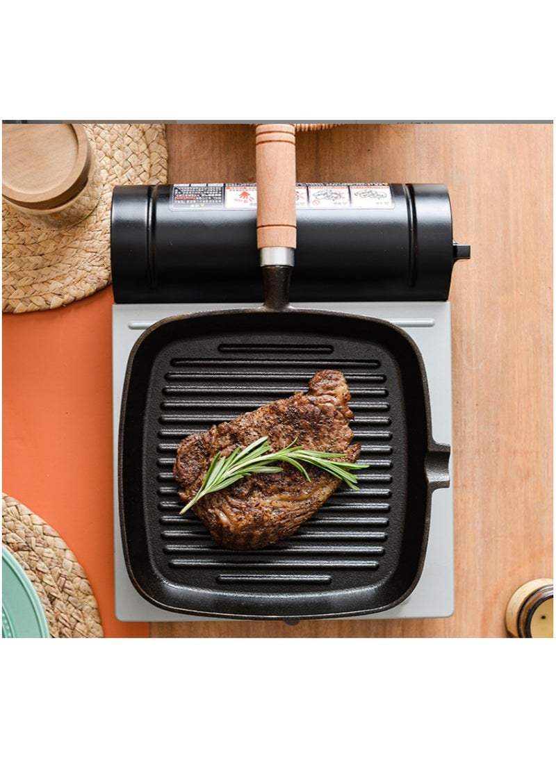 Cast Iron Square Grill Pan, Non-Stick Steak Skillet with Wooden Handle and Oil Pouring Spout, Pre-Seasoned Square Induction Skillet Electric Gas Stove Grill Skillet. - Image 5