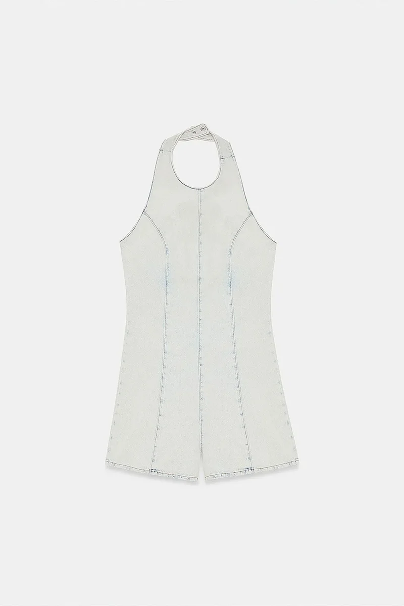 Dilvin Light Blue Denim DILVIN Cotton Halter Neck Short Jumpsuit for Women | Best Price UAE