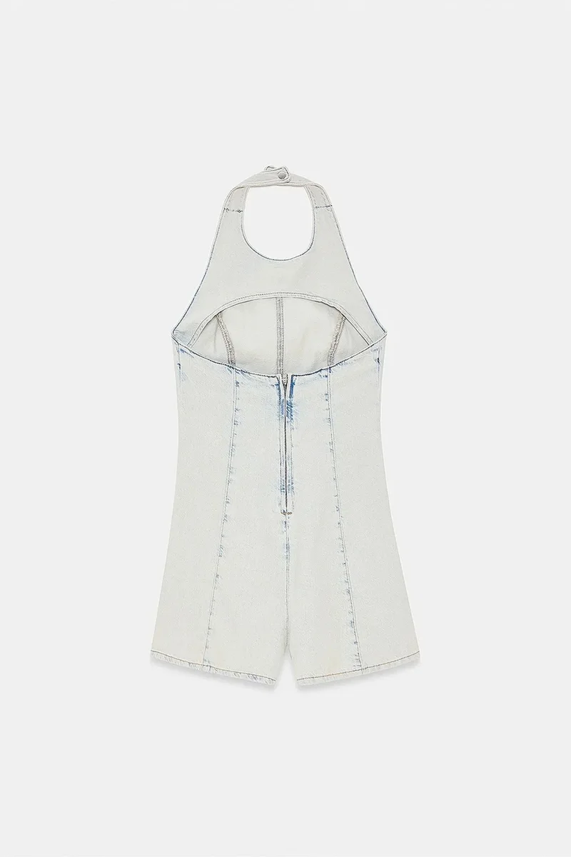 Dilvin Light Blue Denim DILVIN Cotton Halter Neck Short Jumpsuit for Women | Best Price UAE