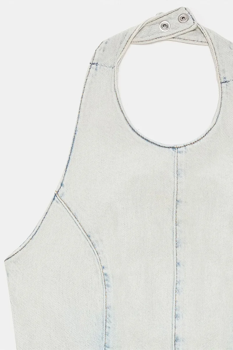 Dilvin Light Blue Denim DILVIN Cotton Halter Neck Short Jumpsuit for Women | Best Price UAE