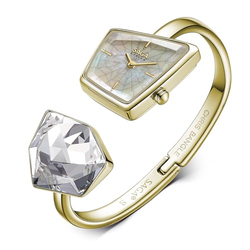 SAGA Illusion Women's Luxury Cuff Bangle Watch, Shaped Mineral Case, Swiss Ronda Quartz Movement, 30M Water Resistant, 316L Stainless Steel Bracelet with Danube Crystals - Image 3