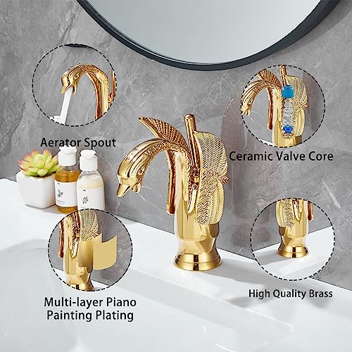 GGStudy Gold Bathroom Faucet GGStudy Swan Shape Single Handle One Hole Bathroom Vanity Faucet Basin Tap Deck Mount Lavatory - Image 5
