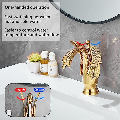 GGStudy Gold Bathroom Faucet GGStudy Swan Shape Single Handle One Hole Bathroom Vanity Faucet Basin Tap Deck Mount Lavatory - Image 3