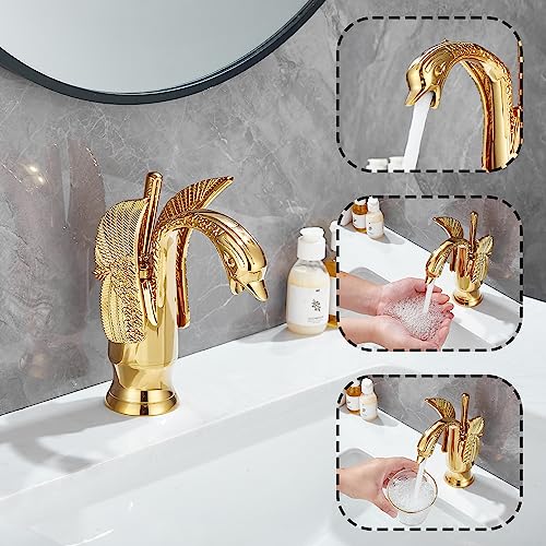 GGStudy Gold Bathroom Faucet GGStudy Swan Shape Single Handle One Hole Bathroom Vanity Faucet Basin Tap Deck Mount Lavatory - Image 4
