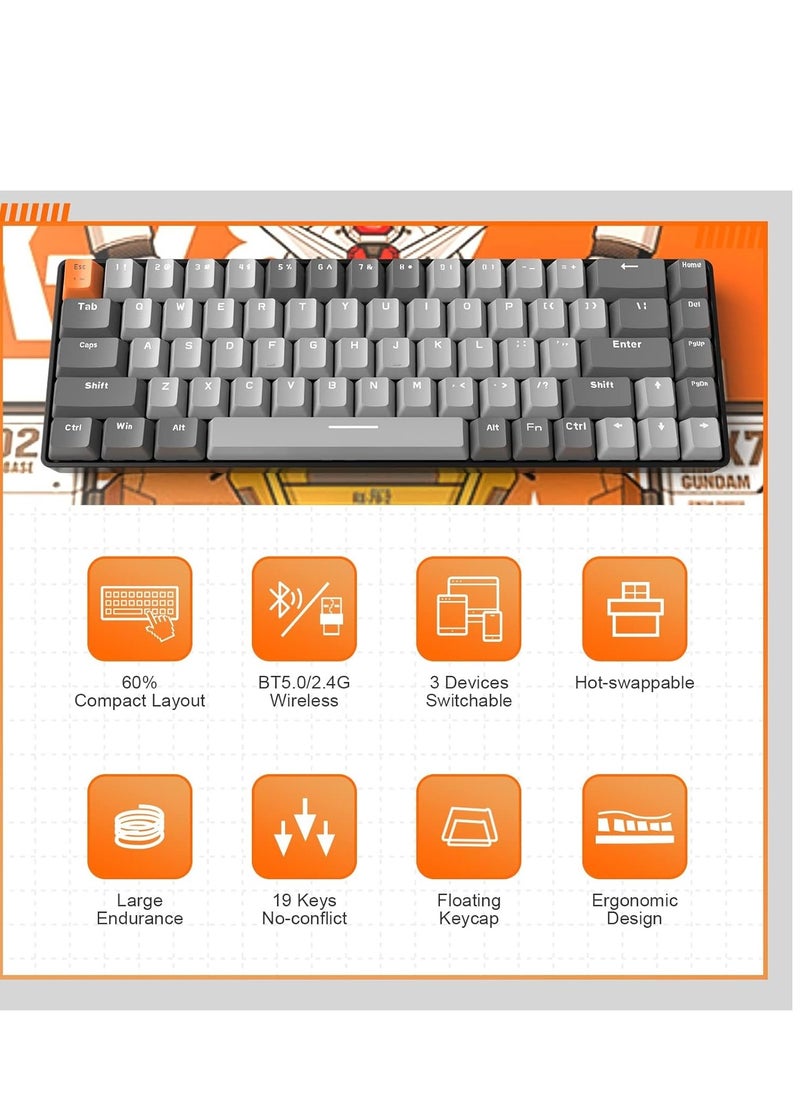 K68 Ziyoulang Wireless Mechanical Keyboard, Bluetooth 5.0/2.4G 68-Key Hot Swappable Professional Keyboard with Keycap Puller, Red Switch for Mac Windows Space Grey