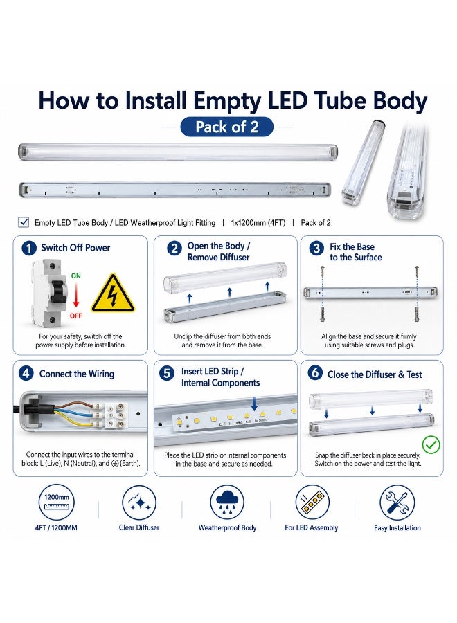 Litex Pack of 2 Empty LED Tube Body 1x1200mm (4ft) – Polycarbonate Diffuser, Durable Housing for T8 LED Tube Retrofit, Lightweight, Heat-Resistant, Easy Installation – WB120LX/PC - Image 3