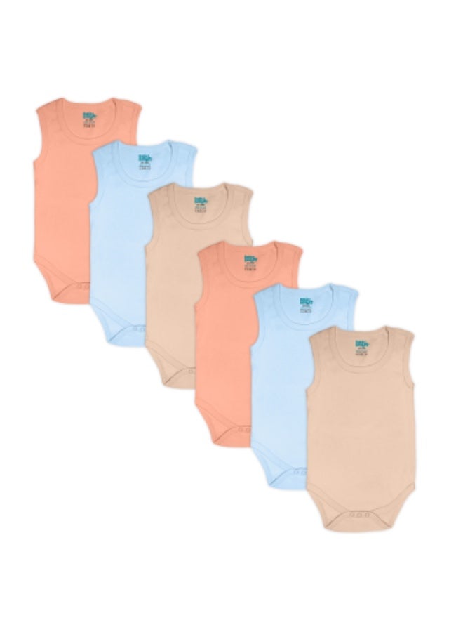 Babies Basic 100% Super Combed Cotton, Sleeveless Romper/Bodysuit, For New Born To 24Months, Set Of 6 - Blue, Orange, Brown  - Image 1
