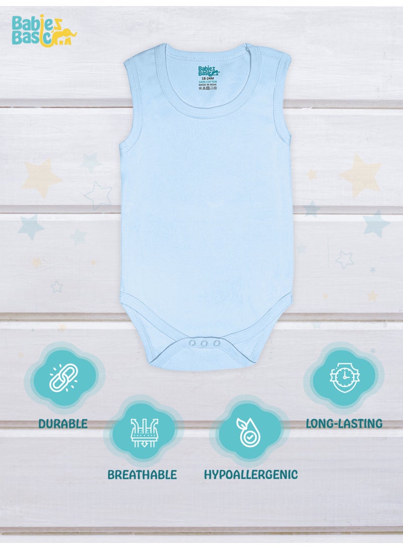 Babies Basic 100% Super Combed Cotton, Sleeveless Romper/Bodysuit, For New Born To 24Months, Set Of 6 - Blue, Orange, Brown  - Image 2