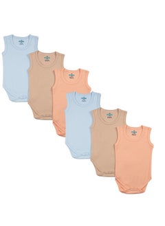 100% Super Combed Cotton, Sleeveless Romper/Bodysuit, For New Born To 24Months, Set Of 6 - Blue, Orange, Brown