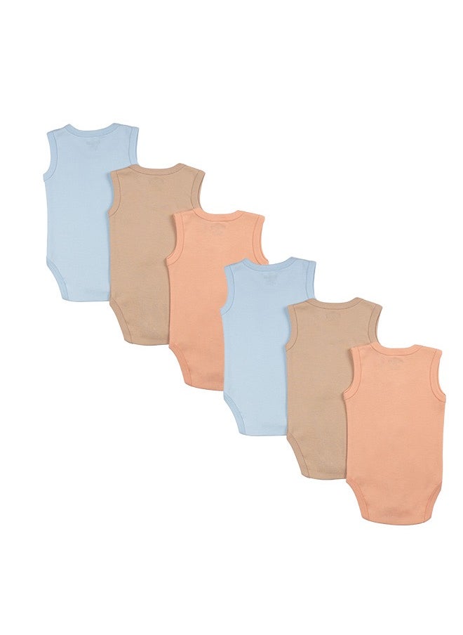 Babies Basic - 100% Super Combed Cotton, Sleeveless Romper/Bodysuit, For New Born To 24Months, Set Of 6 - Blue, Orange, Brown - Image 1