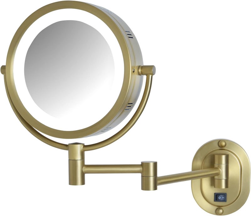 JERDON Wall-Mounted Gold Makeup Mirror with LED Lighting - 5X-1X Magnification & 14” Extension - Direct Wire - Model HL65BGD
