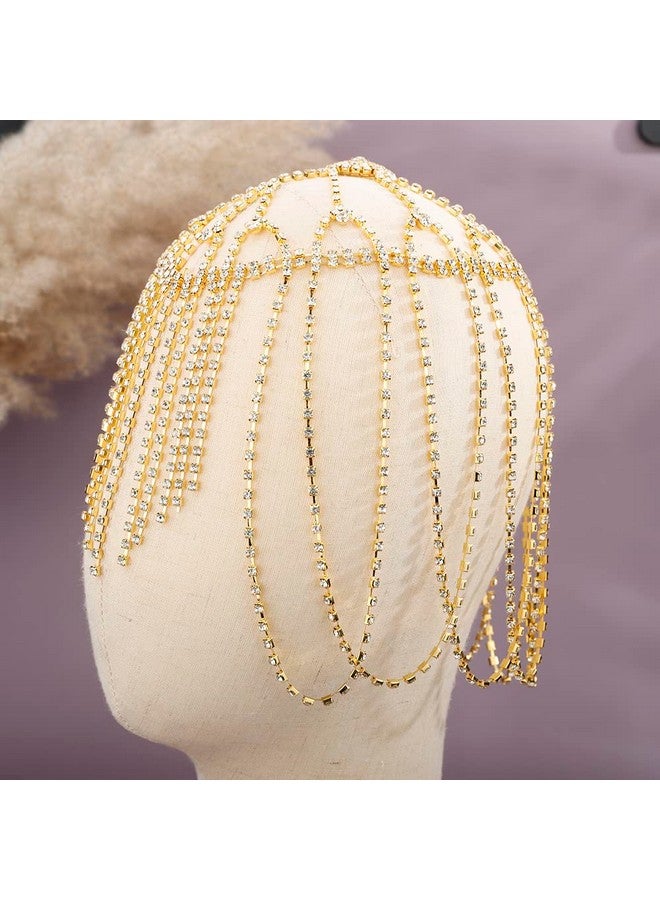 Xerling Rhinestones Tassel Cap Headpiece 1920S Flapper Head Chain Bridal Hair Accessories Gold Crystal Cleopatra Head Jewelry For Women (Type D Gold) - Image 3
