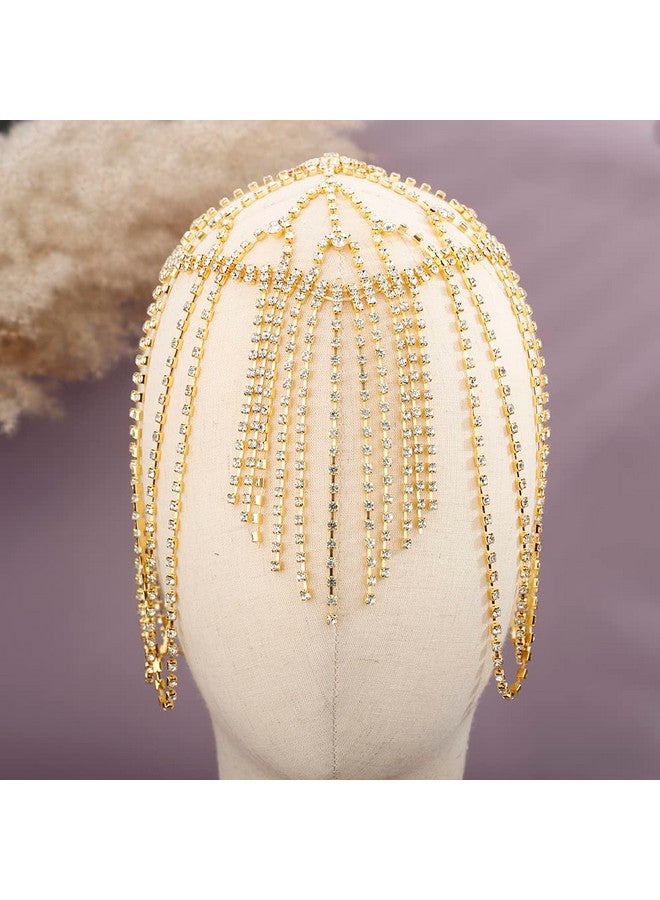 Xerling Rhinestones Tassel Cap Headpiece 1920S Flapper Head Chain Bridal Hair Accessories Gold Crystal Cleopatra Head Jewelry For Women (Type D Gold) - Image 2