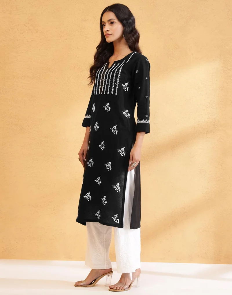 Fabindia Black Cotton Chikankari Long Kurta