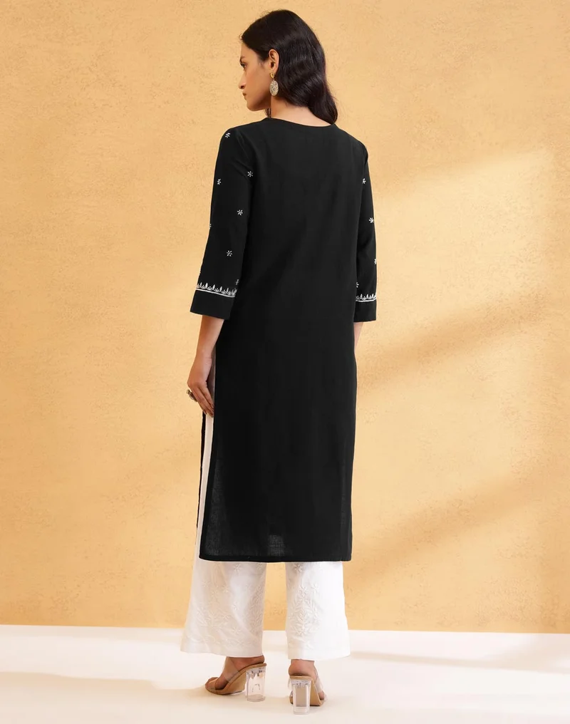 Fabindia Black Cotton Chikankari Long Kurta