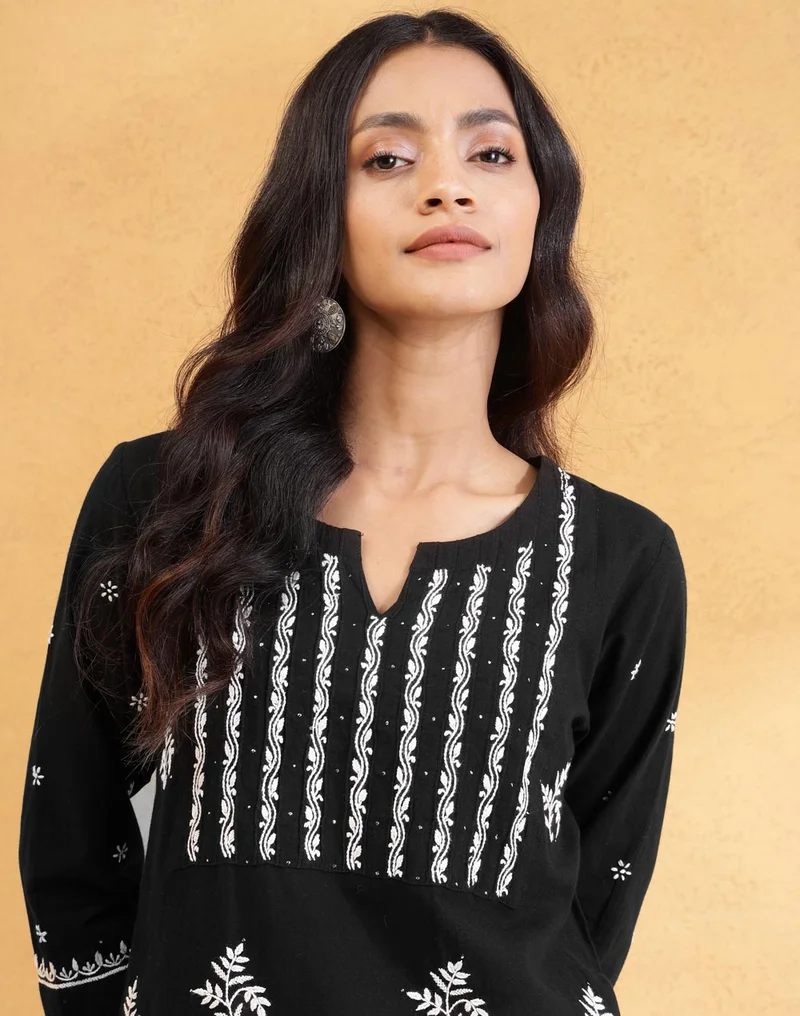 Fabindia Black Cotton Chikankari Long Kurta