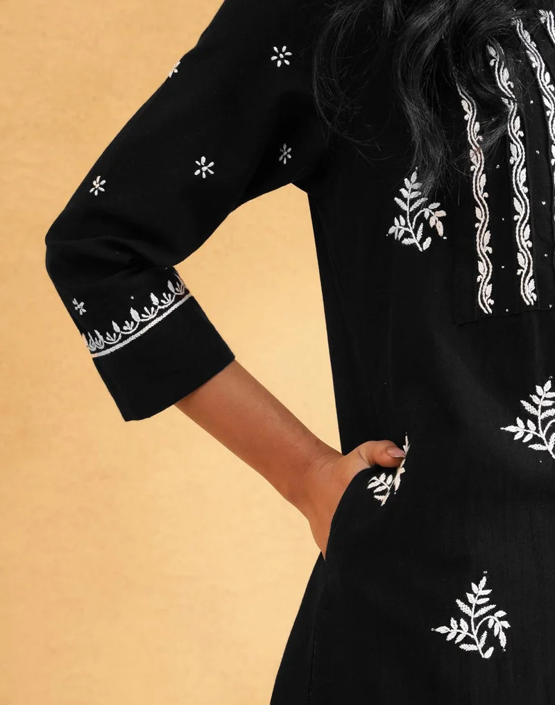 Fabindia Black Cotton Chikankari Long Kurta