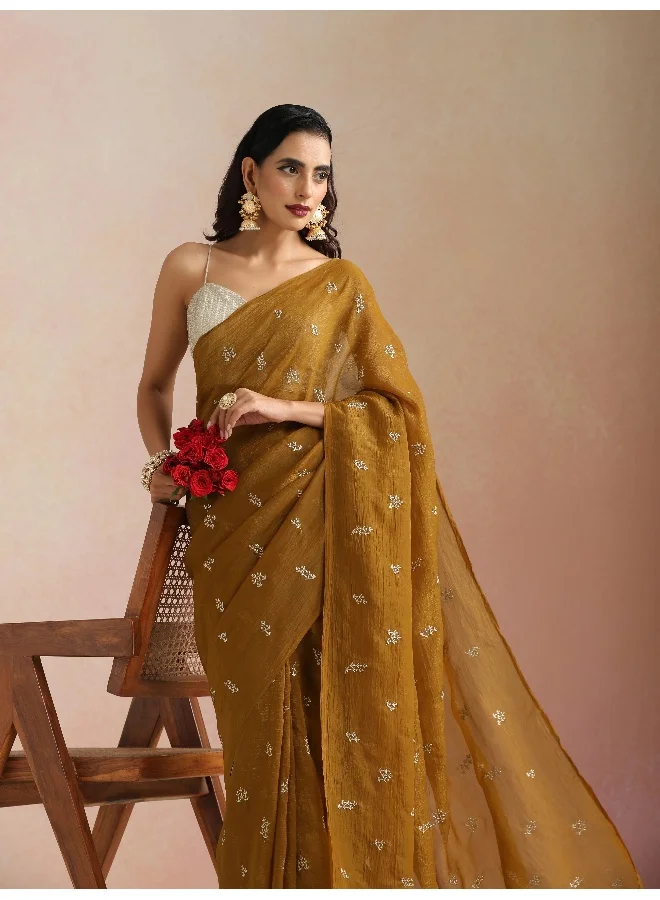 trueBrowns trueBrowns Bronze All Over Embroidered Saree With Unstitched Blouse