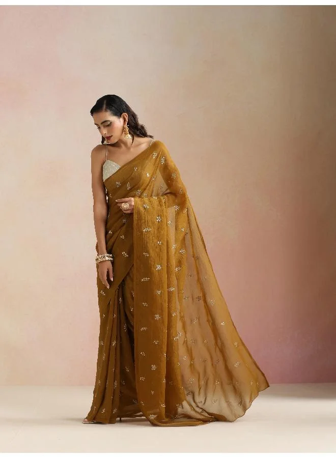 trueBrowns trueBrowns Bronze All Over Embroidered Saree With Unstitched Blouse