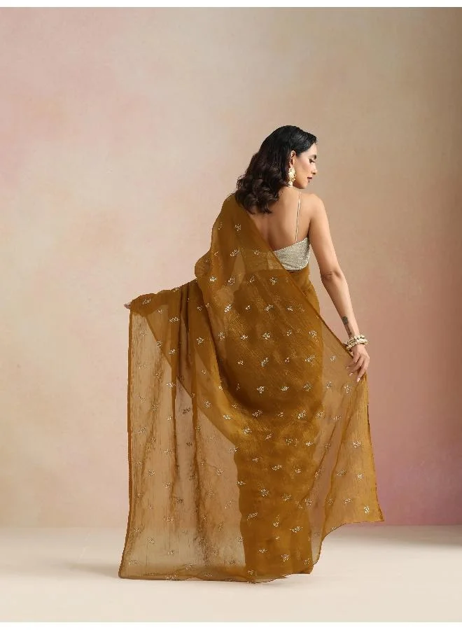 trueBrowns trueBrowns Bronze All Over Embroidered Saree With Unstitched Blouse