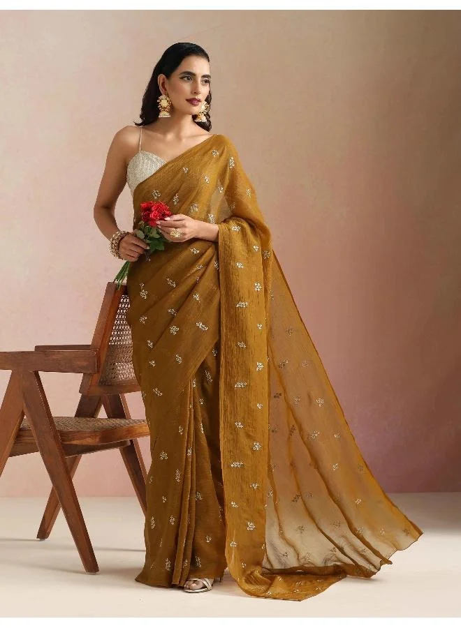 trueBrowns Bronze All Over Embroidered Saree With Unstitched Blouse