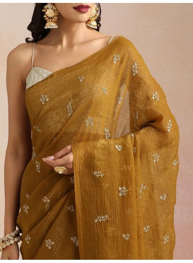 trueBrowns trueBrowns Bronze All Over Embroidered Saree With Unstitched Blouse
