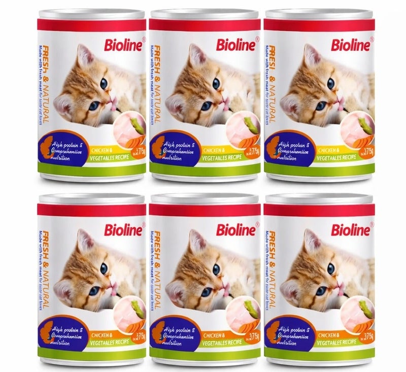بايولاين طعام قطط رطب بالدجاج والخضروات 375جم × 6 – بايولاين - Image 1