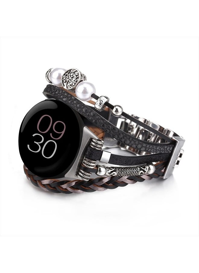 Fivoilin Posh Leather Band Compatible with Google Pixel Watch Band Women Men, Boho Bracelets Jewelry Wrap Watch Strap for Google Pixel Watch 2022, Black  - Image 1