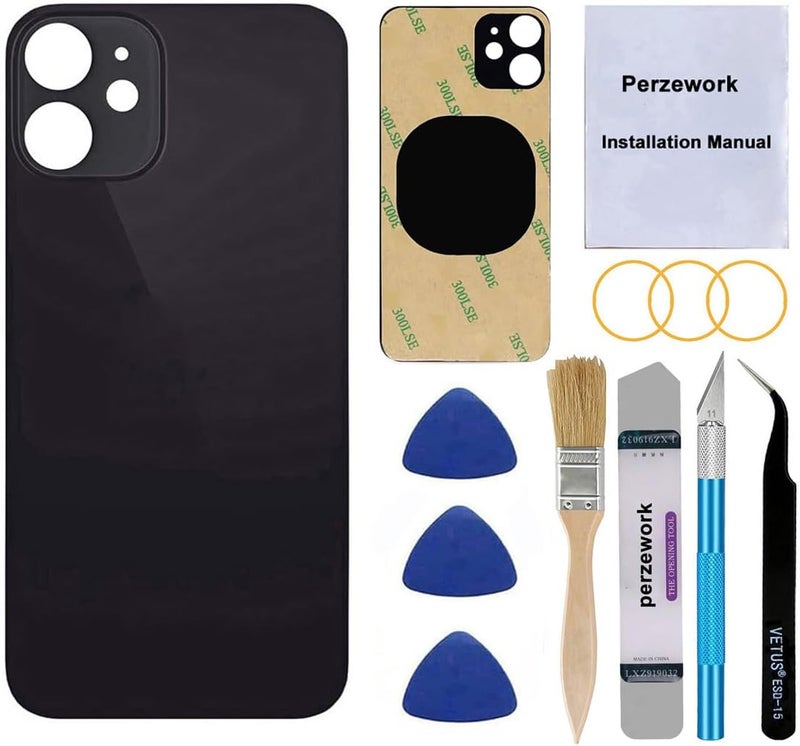 Perzework استبدال زجاج خلفي أصلي لجهاز آيفون 12 ميني 5.4 بوصة (أسود) مع مجموعة أدوات الإصلاح - Image 1